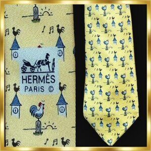 Hermes Mens Silk Necktie Bright Yellow Rooster 6 o' Clock Sunrise Print …